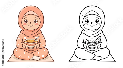Cute cartoon girl in a hijab holding a bowl of soup, practicing mindfulness and comfort through food with a warm smile,