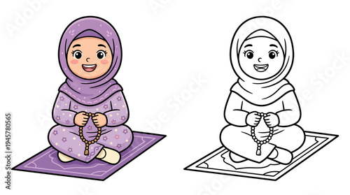 Adorable cartoon Muslim girl in hijab meditating and holding prayer beads on a prayer rug full coloring illustration