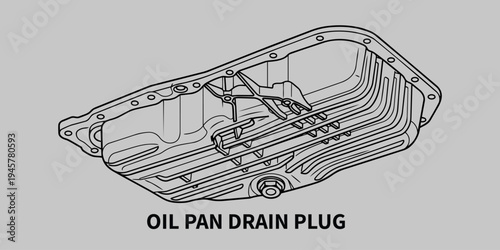 Automotive Engine Oil Pan Underbelly Reservoir with Drain Plug - Technical Vector Line Art 
