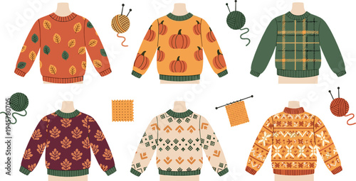 Autumn knitted sweater collection with pumpkin and leaf patterns, cozy fall fashion clothing illustration set for seasonal wardrobe design