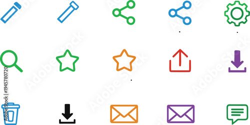 Colorful user interface action icon set with search, share, star rating, upload download, email message, settings gear and delete symbols vector