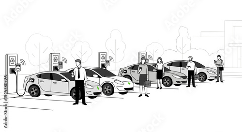 Multiple electric cars are parked and charging at individual stations while people stand nearby using smartphones in a monochrome line art illustration.