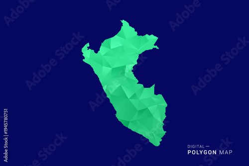 Peru Map - low poly polygon vector, geometric triangulated silhouette in green and blue tones, clean modern style, isolated background for infographic use.