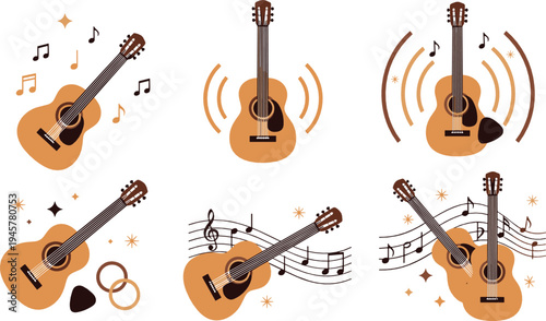 Acoustic guitar icons collection with musical notes and sound waves, classic string instrument music illustration set for musicians