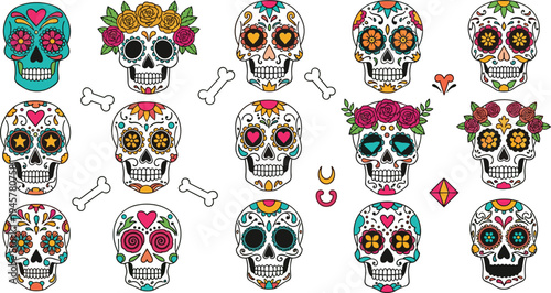 Colorful sugar skull set with floral ornaments, hearts and decorative elements inspired by Mexican Day of the Dead Dia de los Muertos vector illustration collection