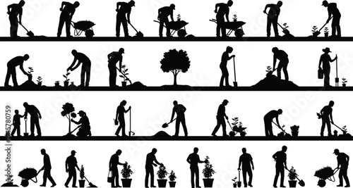 Gardening and landscaping workers silhouettes set showing planting, digging, watering and garden maintenance activities, professional gardeners with tools isolated on white background collection
