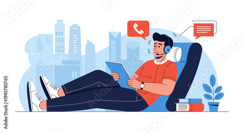 A young man wearing a headset reclines in a blue chair, using a laptop, with red speech bubbles floating above him and blue city skyscrapers in the background.