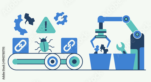 A conveyor belt carries blue blocks with link and bug icons towards a blue robotic arm fixing broken teal gears into a bin on a plain light blue background.