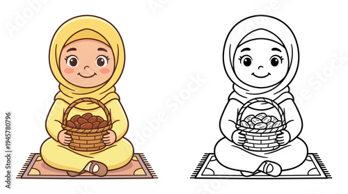 Adorable Muslim Girl Holding a Basket of Dates While Sitting on Prayer Rug in a Peaceful Setting