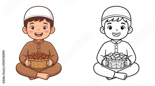 Cute illustrated child sitting cross-legged holding a basket of nuts, joyful expression, wearing traditional attire and a cap,
