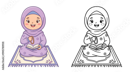 Adorable young girl dressed in modest attire sitting cross-legged on a prayer rug, holding prayer beads and reading a holy book