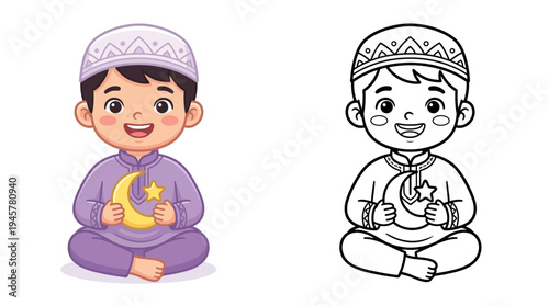 Adorable young boy in purple traditional attire holding a moon and star symbol sitting cross-legged with a festive hat a