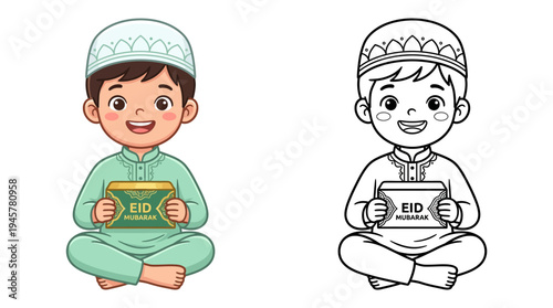 Joyful young boy celebrating Eid Mubarak in traditional attire holding greeting card with a cheerful expression