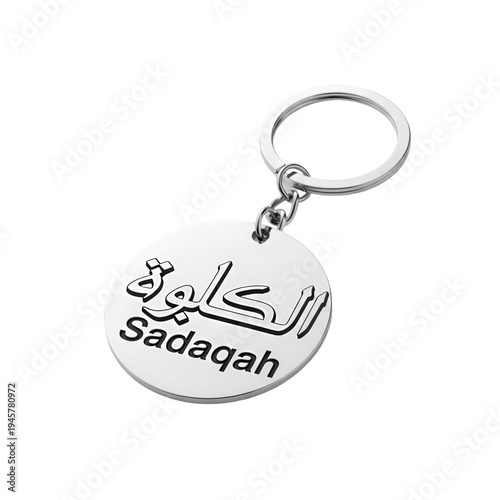 Silver keychain with Sadaqah inscription in Arabic and English on black background