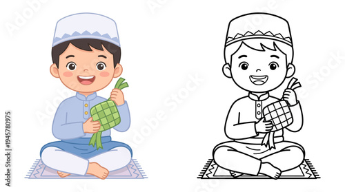 Young boy dressed in traditional attire holding a gift while sitting cross-legged on prayer rug