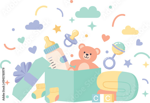 Baby shower illustration with teddy bear, feeding bottle, pacifier and toys in gift box, cute pastel newborn celebration elements for nursery design