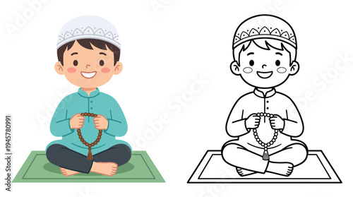 Illustration of a young boy in traditional attire meditating peacefully on a prayer mat with prayer beads in hand