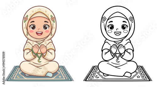 adorable cartoon girl dressed in traditional attire sitting peacefully on a prayer mat with joyful expression and detailed