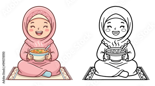 Charming cartoon girl enjoying a hot meal in a cozy sitting position with cheerful expression and vibrant colors for a cheerful