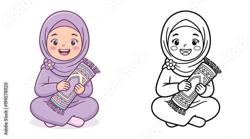 Adorable cartoon girl in hijab holding colorful gift box with joyful expression smiling happy young girl in headscarf for