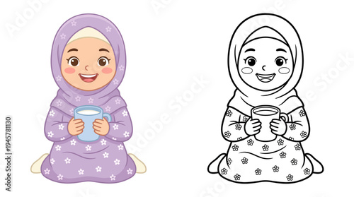 Adorable Cartoon Girl in Cozy Hijab Holding a Mug with a Warm Smile