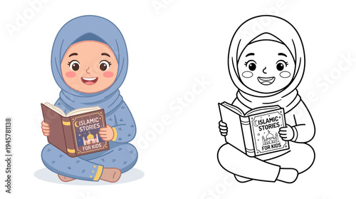 Adorable young girl in modest blue attire reading a Quran storybook sitting cross-legged with joyful expression