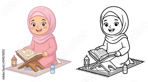 Cute Muslim girl in pink hijab reading from a holy book with water bottle and lantern in a serene prayer setting