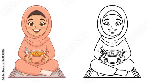 Charming cartoon depiction of a smiling young girl in a hijab enjoying a bowl of soup with detailed colorful illustration and