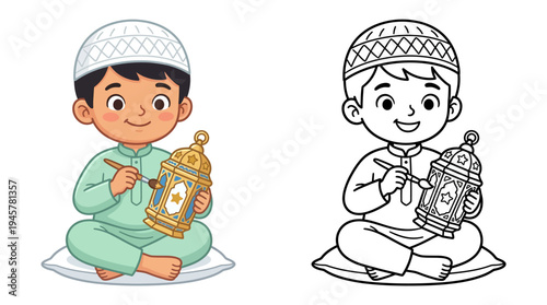 Young boy dressed in traditional attire holding a lantern while sitting cross-legged on a cushion with a joyful expression
