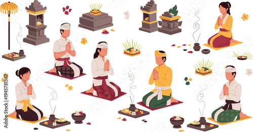 Balinese people praying with traditional offerings at temple ceremony, spiritual Hindu ritual scene with incense and flowers flat illustration set