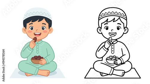 Young boy enjoying traditional food while sitting cross-legged on a mat during a cultural celebration