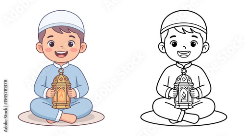 Adorable young boy in traditional attire holding a lantern while sitting cross-legged on the ground with a joyful expression