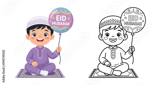 Joyful young boy celebrating Eid Mubarak holding colorful balloon while sitting on prayer mat in festive attire charming