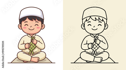 Adorable young boy in traditional attire practicing meditation and mindfulness with a joyful expression