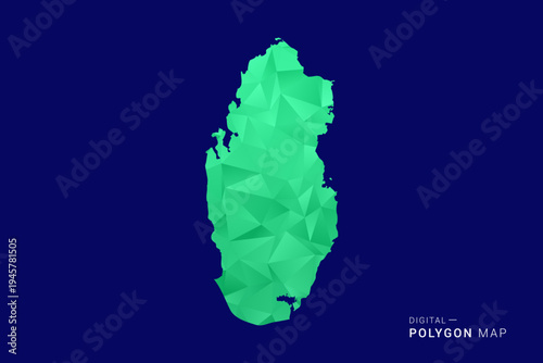 Qatar Map - low poly polygon vector, geometric triangulated silhouette in green and blue tones, clean modern style, isolated background for infographic use.
