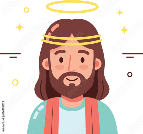 Jesus Christ Cartoon Portrait Vector Illustration with Halo Christian Religious Icon Spiritual Biblical Character Design