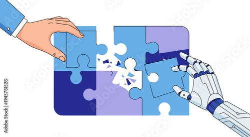 A human hand and a robot hand collaborate to assemble a blue puzzle.