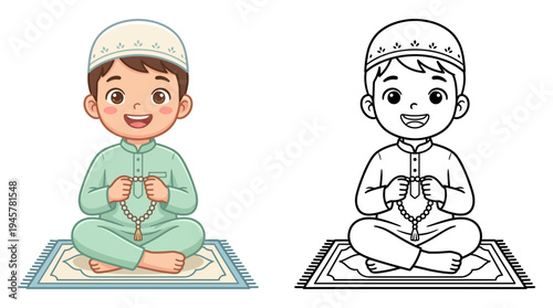Illustration of a joyful young boy in prayerful meditation sitting cross-legged on a prayer mat holding prayer beads