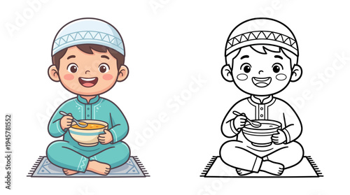 Cute young boy sitting on a prayer mat holding a bowl of food with joyful expression and wearing traditional clothing for