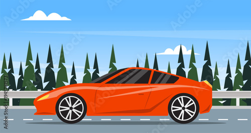 Sport car on the road highway landscape background. Vector stock