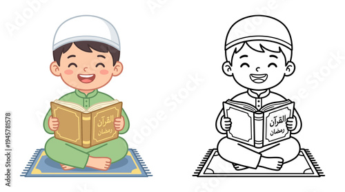Child in traditional attire reading the Quran during Ramadan, emphasizing spirituality and cultural heritage, with colorful and
