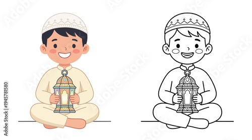 Cute cartoon boy holding traditional lantern in traditional attire sitting cross-legged