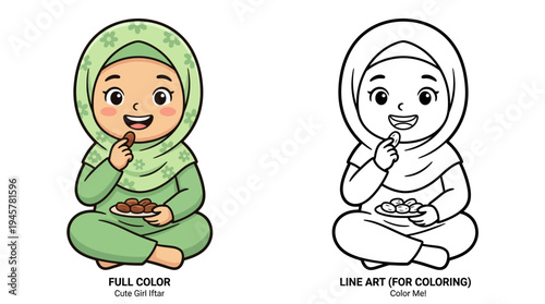 Cute cartoon girl in hijab enjoying sweets, cheerful expression and playful pose with colorful and outline versions for coloring