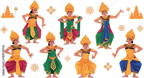 Balinese traditional dancer characters in colorful costumes performing cultural dance poses Bali Indonesia vector illustration set