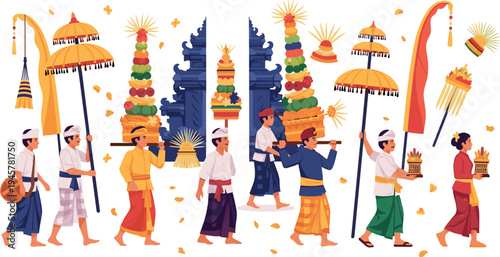 Balinese traditional ceremony procession with men carrying offerings and decorations near temple gate, colorful Bali culture festival illustration set