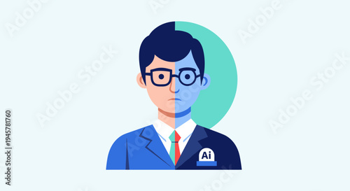 A stylized illustration shows a man's face and upper body split into human and AI halves.