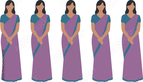 Indian woman wearing traditional purple and green saree set of multiple poses flat vector illustration isolated on white background