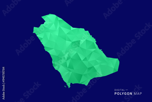 Saudi Arabia Map - low poly polygon vector, geometric triangulated silhouette in green and blue tones, clean modern style, isolated background for infographic use.