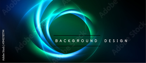 Abstract neon circles over dark background. Vibrant blue, green hues create dynamic visual effect. Modern design element.