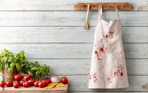Cotton Apron Hanging with Tomato Sauce Splashes